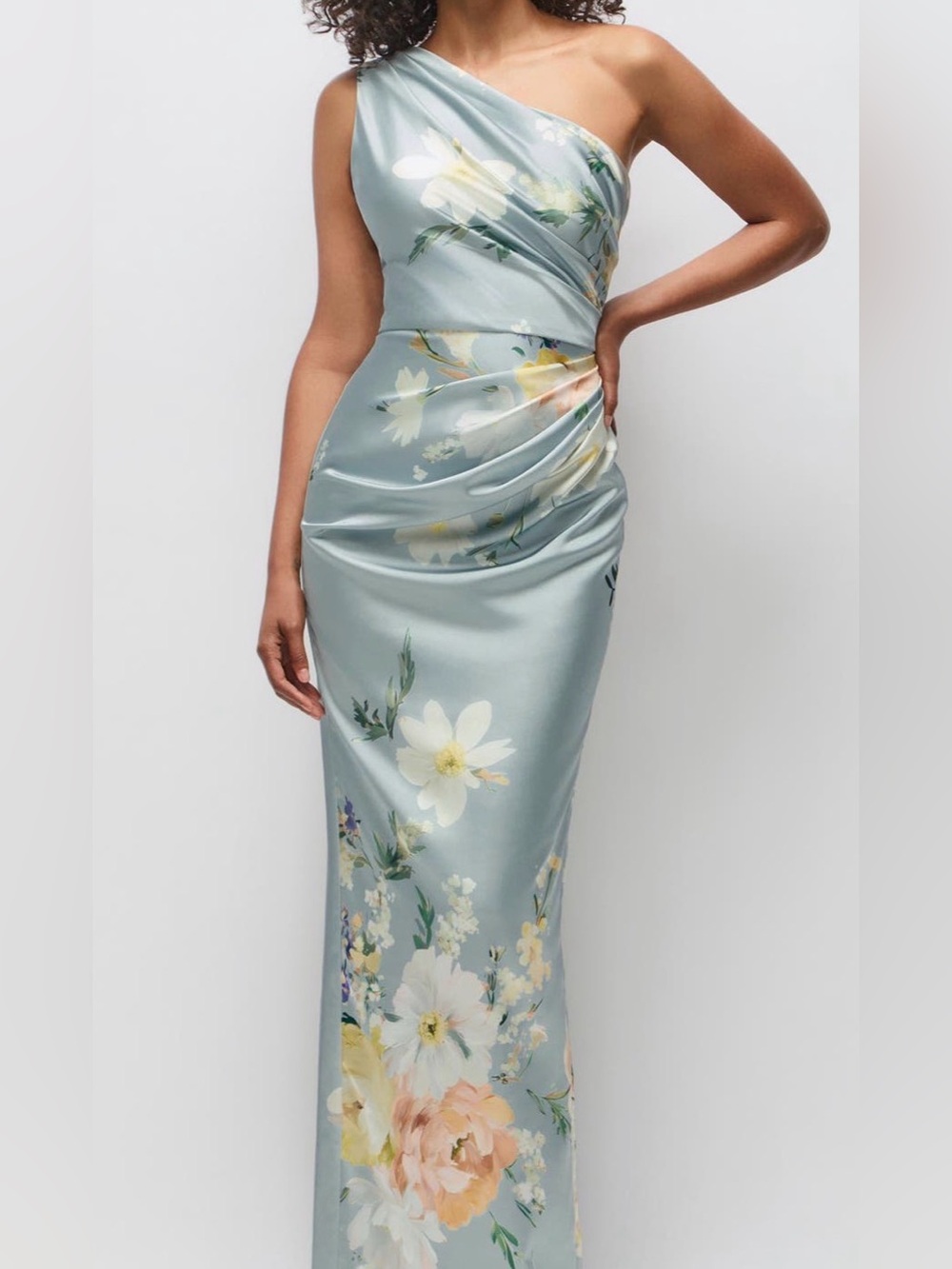 After Six Malin  floral one shoulder satin chameuse gown